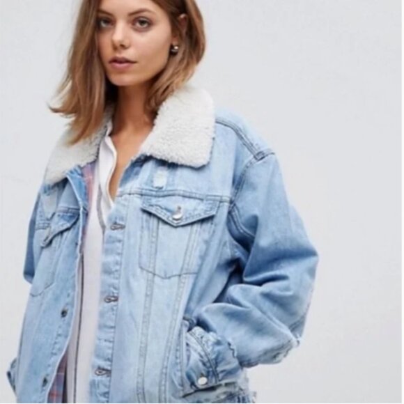 Free People Denim Plaid Flannel Lined Jacket with Sherpa Collar Fan Fav - Picture 3 of 7